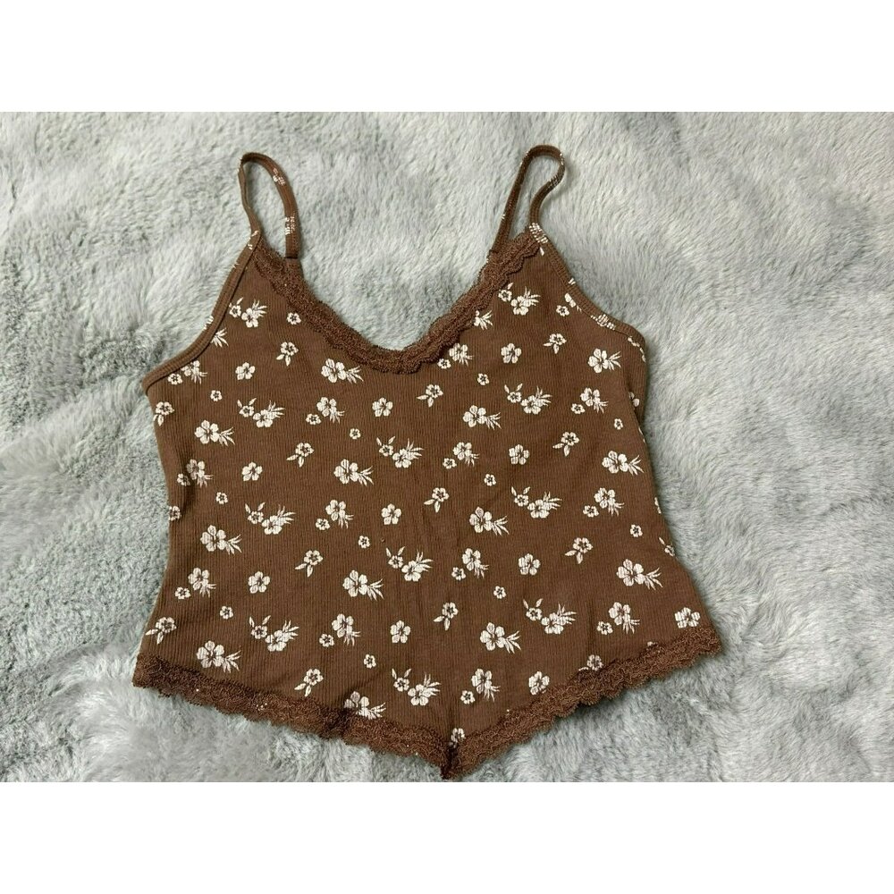 Hollister Women's Medium Lace Trim Cropped Floral Tank Top Brown Fairy Coquette